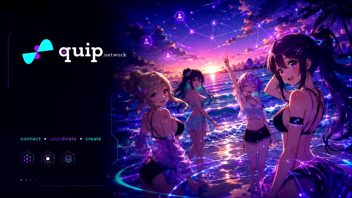 The image features a group of four girls standing together at the beach, with one girl wearing a bikini top and another wearing a tank top. The background of the image shows a beautiful sunset over the ocean, creating a serene atmosphere. The text "quip network" is displayed in the image, indicating that it might be related to an online platform or community.