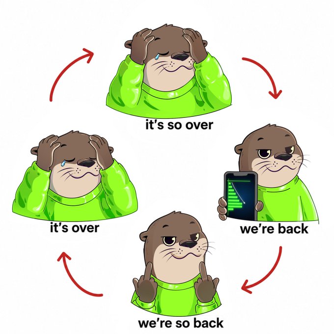 A cartoon otter cycles through four emotional stages labeled "it's so over," "we're back," "we're so back," and "it's over," depicting a mood swing from despair to excitement. The meme humorously captures the crypto community's dramatic reaction to a project's developments, matching the post's tone of cautious optimism about new accessibility, partnerships with Robinhood, and upcoming collaborations.