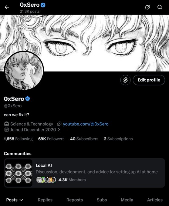 The image shows a screenshot of the X (formerly Twitter) profile for **OxSero (@0xSero)**, a verified account with a black-and-white anime-style banner and avatar, displaying **69K Followers**, **1,658 Following**, **40 Subscribers**, and **21.3K posts** under the "Science & Technology" category. This aligns with the post's caption "We did it 69k," celebrating the account's milestone of reaching 69,000 followers.