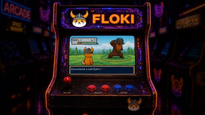 A promotional image for FLOKI featuring an arcade cabinet displaying a Pokémon-style game where a character encounters a wild Björn.