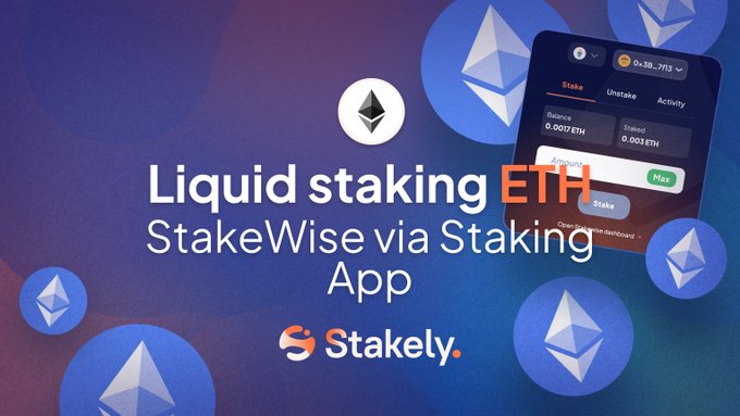 The image features a poster with the title "Liquid Staking Ether" at the top, along with the subtitle "Stake wise via Staking App" below it. The poster also includes multiple illustrations of blue and green circles resemblingETH blocks, each associated with a description explaining how to use the liquid staking app forETH transactions. The image is designed in such a way that the central focus remains on the text above the illustration.