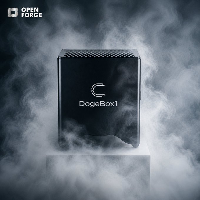 A promotional image of the DogeBox1 by Open Forge, shown as a black device on a pedestal surrounded by smoke.