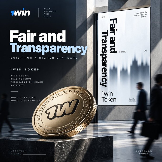 A marketing poster for the 1WIN TOKEN promoting "Fair and Transparency" with the text "BUILT FOR A HIGHER STANDARD," featuring a large golden coin embossed with "1W."