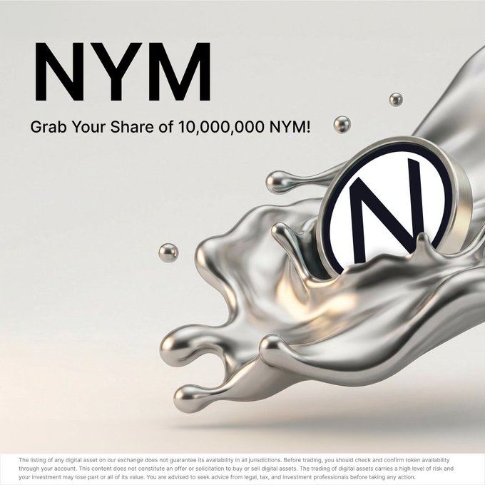 The image prominently displays "NYM" and "Grab Your Share of 10,000,000 NYM!", showcasing a coin with an "N" logo being splashed with liquid silver, aligning with the post's announcement of the NYM Trading Competition and a 10,000,000 NYM prize pool.