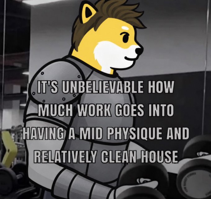 A meme featuring an anthropomorphic fox character in workout gear lifting dumbbells, with the caption "IT'S UNBELIEVABLE HOW MUCH WORK GOES INTO HAVING A MID PHYSIQUE AND RELATIVELY CLEAN HOUSE".