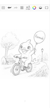 A coloring app screen showing a line drawing of a cute baby dinosaur riding a bicycle while holding a balloon labeled 'Formula'.
