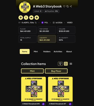 A Web3 Storybook NFT collection page on Polkadot (POL) showing key stats including a $64.40 USD floor price, $0 top offer, $128.81 USD volume, and 3K total supply, with two yellow-themed NFT items ("A Web3 Storybook #0" and "#1") displayed for minting—visually capturing the curated, story-driven essence the post celebrates as the best of Web3.