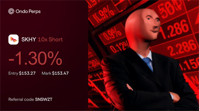 A trading screen for Ondo Perps shows a 10x Short position on SKHY at -1.30%, with entry $153.27 and mark $153.47, plus a referral code 'SNSWZT'.