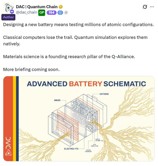A tweet from verified account @dac_chain ("DAC | Quantum Chain") discussing how quantum simulation aids battery materials science, accompanied by an "ADVANCED BATTERY SCHEMATIC" diagram labeling the anode, cathode, electrolyte, power pathway, path stabilization, and system composition.