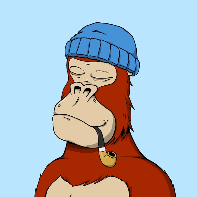 A cartoon illustration of an orangutan wearing a blue beanie and smoking a wooden pipe against a light blue background.