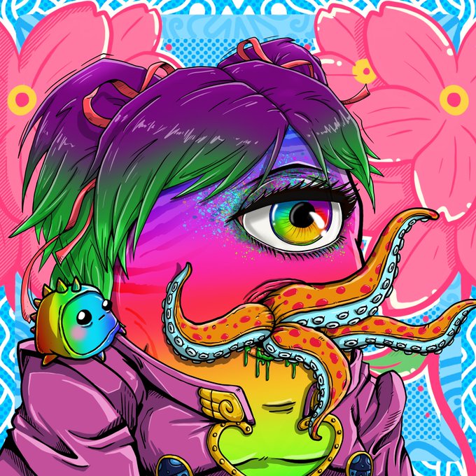 A vibrant, psychedelic illustration of a person with purple and green hair, rainbow-colored skin, a large rainbow eye, octopus tentacles covering their mouth, and a small colorful chameleon on their shoulder, set against a pink flower background.