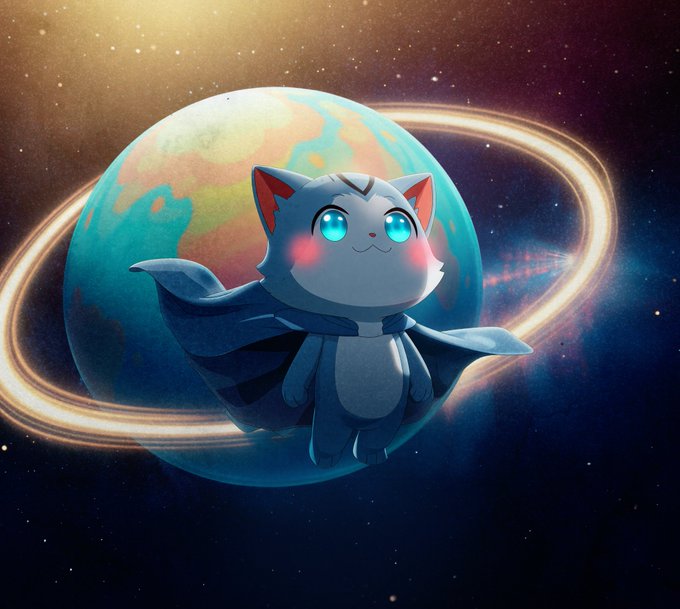 The image features a cartoon cat with blue eyes, wearing a cape that has white stars on it, flying through space around a planet. The cat appears to be in mid-flight, giving the impression of movement and excitement. The background of the image is filled with stars, creating an otherworldly atmosphere. The caption "Wen World" suggests that this scene might be related to a post about a specific event or situation involving the character Wen from the game Wen World.