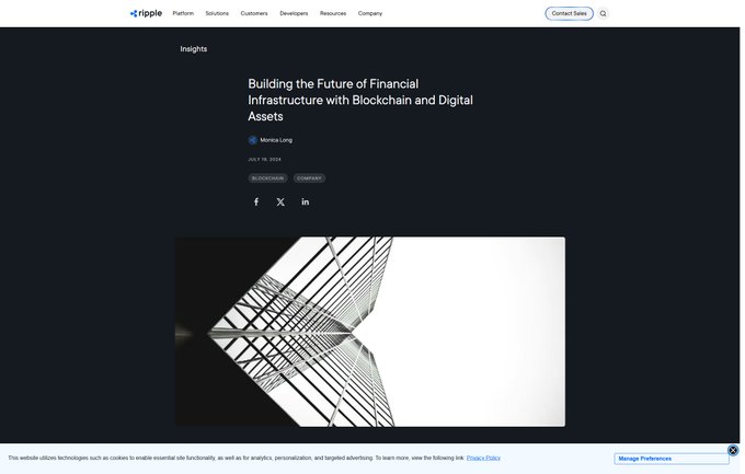 The image shows a Ripple webpage featuring an article titled "Building the Future of Financial Infrastructure with Blockchain and Digital Assets," authored by Marisa Long and dated July 19, 2023. This relates to the post's claim by showing Ripple's public positioning as a leader in blockchain-based settlement infrastructure—the same context in which SETL's name reportedly appears in Bank of England fintech documentation.