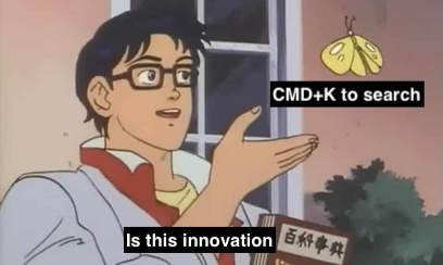An anime character with glasses looks surprised as a butterfly lands near him, with text overlay reading "Is this innovation" and "CMD+K to search".