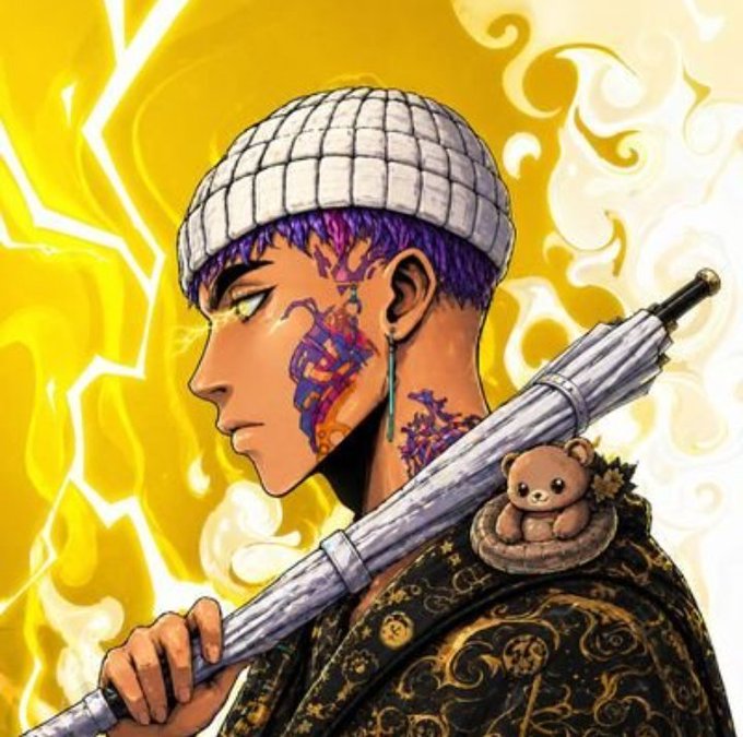 A stylized anime-style portrait shows a purple-haired young man in profile wearing a checkered beanie and a patterned coat, carrying a closed umbrella with a small teddy bear perched on his shoulder, set against a vivid yellow background with lightning and flame motifs. The image does not directly depict any specific text or branding related to the post, but its modern, bold, and energetic aesthetic reflects the youthful, crypto-trading persona described in the accompanying caption as a 23-year-old KOL and WEEX ambassador.