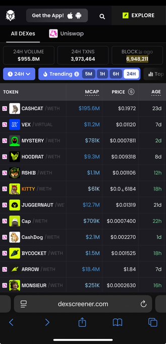 A mobile screenshot of DexScreener showing a list of cryptocurrency tokens on Uniswap, with tokens like CASHCAT, VEX, MYSTERY, HOODRAT, RSHIB, and KITTY displayed alongside their market caps, prices, and ages.