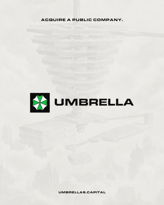 A minimalist white poster for 'UMBRELLA' (umbrellas.capital) featuring their green and white cross logo, with the tagline 'ACQUIRE A PUBLIC COMPANY' and a faint tornado-shaped architectural illustration in the background.