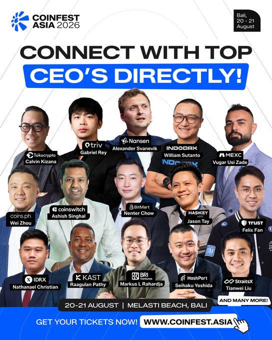 A promotional poster for CoinFest Asia 2026 (20-21 August, Melasti Beach, Bali) showcasing CEOs from companies including Tokocrypto, triv, Nansen, INDODAX, MEXC, coins.ph, coinswitch, BitMart, HASKEY, TRUST, IDRX, KAST, BRI, HoshPort, and StraitsX.