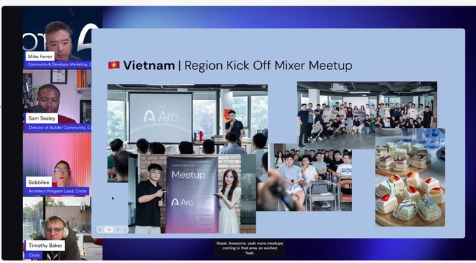 Screenshot of a Zoom meeting titled 'Vietnam | Region Kick Off Mixer Meetup' showing photos of attendees and an 'Arc' event banner.