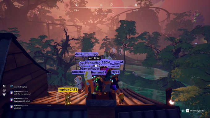 A screenshot from a video game featuring multiple player characters with name tags like 'dima_frol_trgo' and 'Kopirax CATS' standing on a wooden structure in a lush, sunset-lit forest environment.