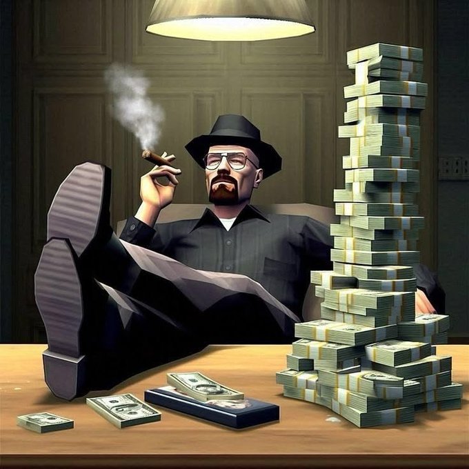 A bearded man in a black hat and shirt casually smokes a cigar with his feet propped on a desk, surrounded by towering stacks of cash and a brick of bills, projecting an image of effortless wealth—visually contrasting the rapid, meme-coin riches (like ANSEM and CZ tokens) the post celebrates against the slower, perception-challenged NFT market it laments.