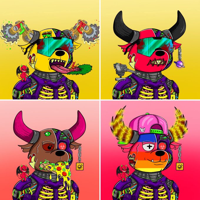 Four colorful cartoon-style illustrations of anthropomorphic animals (bears and dogs) with horns, blindfolds, and skeleton outfits in a 2x2 grid arrangement.