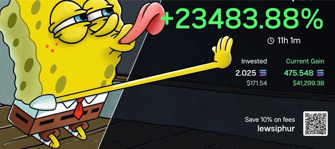 The image features SpongeBob SquaredPants licking his lips while gesturing toward a crypto portfolio screen displaying a +23483.88% gain over 11 hours, with $171.54 invested yielding a $41,299.38 return on the Solana-based Trojan bot. The promotional banner advertises a 10% fee discount using code "lewsiphur" alongside a QR code, encouraging viewers to join the Trojan trading bot for Solana memecoins as referenced in the post.