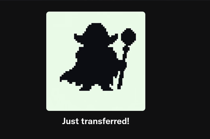 Pixel art image of a Final Fantasy Black Mage silhouette with a staff on a green background, captioned 'Just transferred!'