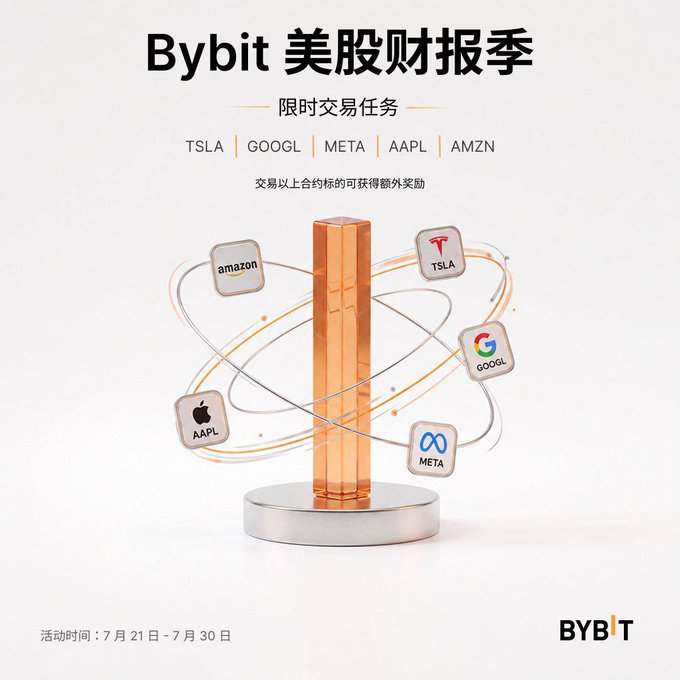 The image is a Bybit promotional graphic titled "Bybit 美股财报季" (US Stock Earnings Season) featuring a limited-time trading task for contracts on five major US stocks: TSLA, GOOGL, META, AAPL, and AMZN, with activity running July 21–30. It visually centers around an orange column with orbiting stock ticker icons, reinforcing the post's message about the volatility risks of overnight US earnings reports for crypto traders expanding into US stocks.
