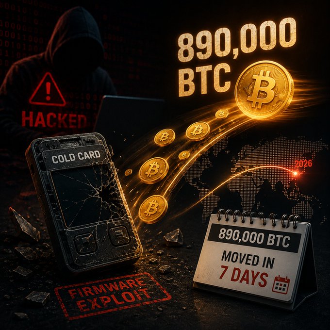 A dramatic graphic depicting a hacker with a cracked 'COLD CARD' device, Bitcoin coins, and text announcing '890,000 BTC MOVED IN 7 DAYS' due to a 'FIRMWARE EXPLOIT'.