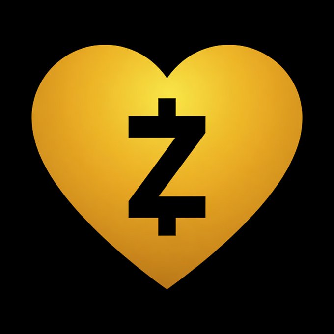 A yellow heart shape with a stylized 'Z' symbol in the center is displayed on a black background, resembling a Zcash cryptocurrency logo.
