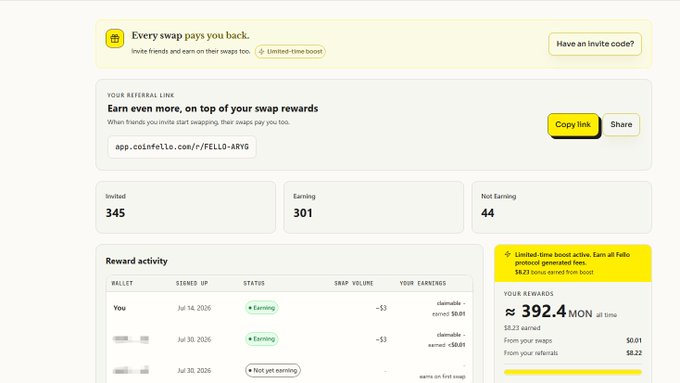 Screenshot of a crypto referral dashboard on coinfolio.com showing referral link app.coinfolio.com/r/FELLO-ARYG, with 345 invited, 301 earning, and a balance of 392.4 MON.