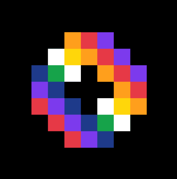 A pixel-art style image of a colorful letter 'C' made up of multicolored squares on a black background.