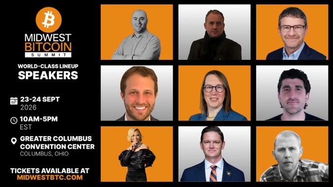 A promotional graphic for the Midwest Bitcoin Summit 2026 at the Greater Columbus Convention Center on September 23-24, featuring a grid of eight world-class speaker headshots.