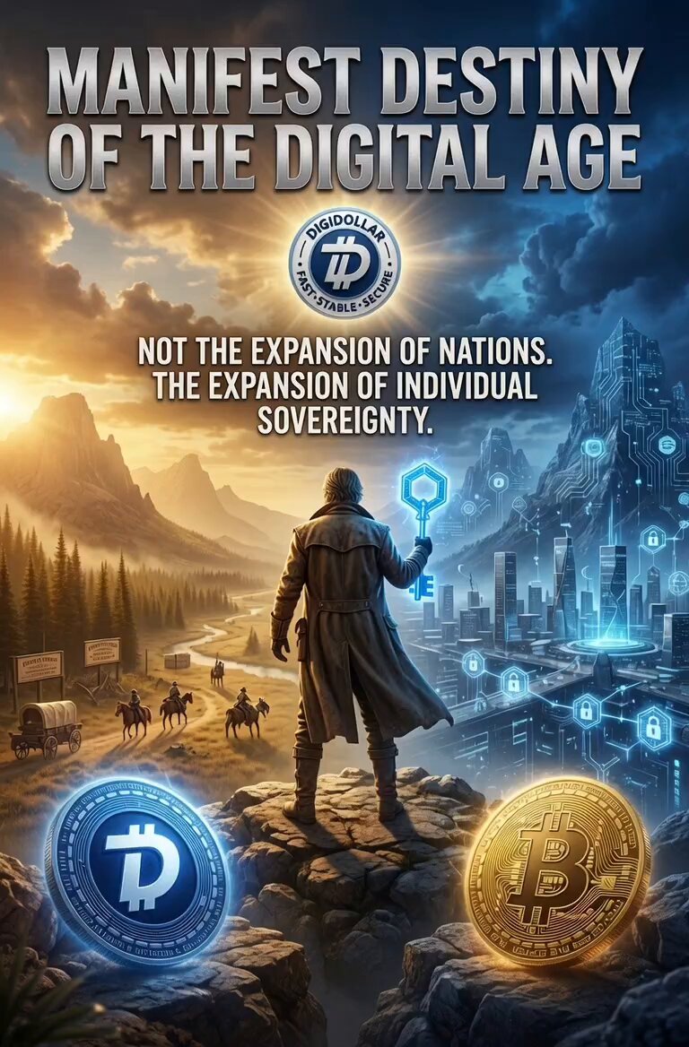 The image features a man standing on top of a mountain with two Bitcoins in his hand. The Bitcoin coins are blue and white, while the man's coat is brown. The background shows a cityscape with mountains in the distance. The text on the poster reads "Manifest Destiny of the Digital Age" and "Not the expansion of nations. The expansion of individual Sovereignty."