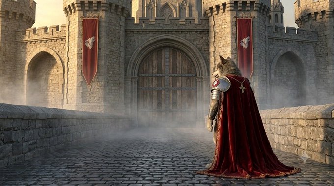 A fantasy-style image of a wolf character wearing armor and a red cape with a cross emblem, standing before a medieval castle with wooden doors and red banners.