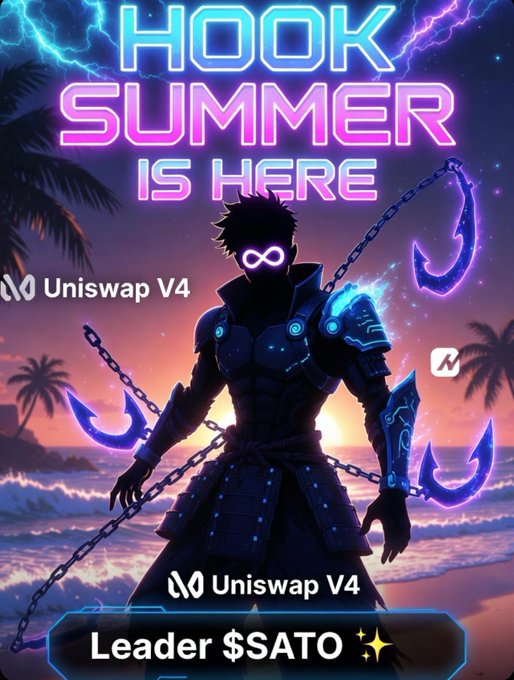 A neon-lit "Hook Summer is Here" promotional graphic featuring a cyberpunk samurai silhouette wielding glowing purple hooks against a tropical sunset, branded with "Uniswap V4" and labeling the leader as "$SATO." The hook-wielding samurai visual cleverly reinforces the $SATO token's identity while the Uniswap V4 branding signals its launch on the platform.