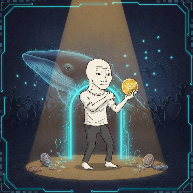 A figure in a Wojak meme-style mask holds a gold coin bearing the Binance logo, illuminated by a spotlight while a shadowy whale looms behind him and a crowd of cheering silhouettes watches—symbolizing how legacy memecoins like $WOJAK are being resurrected through major exchange validation (Binance US listing) as speculative hype chases every new launch.
