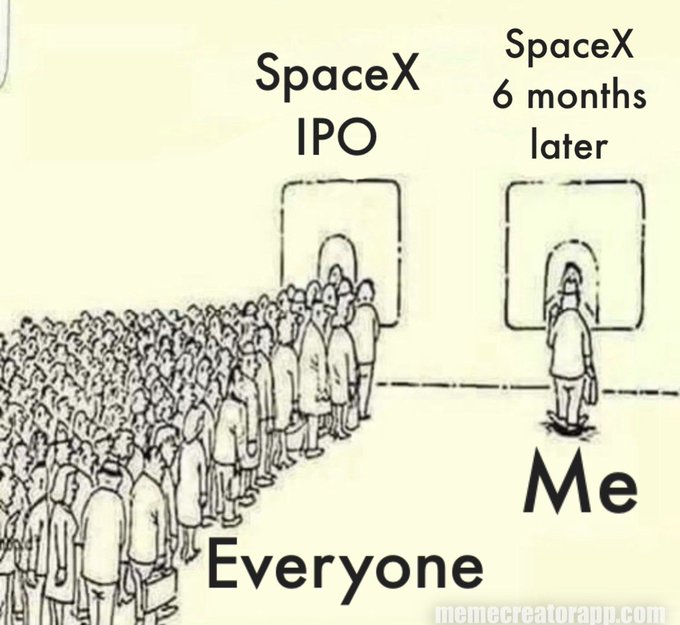The image shows a cartoon drawing of a crowd of people standing next to each other with one person holding a sign that reads "SPACEX, 6 months later, later". The caption below the drawing states "SPACEX, 6 months later, later", which is consistent with the cartoon's depiction.