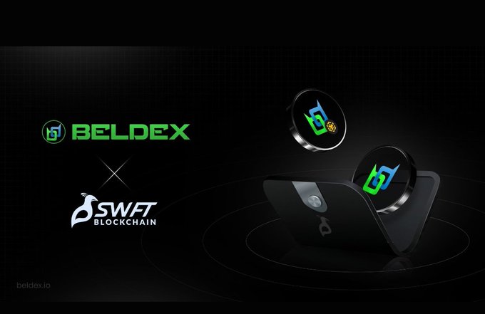 A promotional graphic featuring logos for 'BELDEX' and 'SWFT BLOCKCHAIN' alongside 3D-rendered cryptocurrency coins on a dark background, with the URL 'beldex.io'.