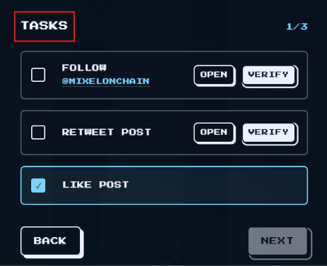 A tasks screen displays social media engagement requirements, including "FOLLOW @MIXELONCHAIN," "RETWEET POST," and a completed "LIKE POST" task, with 1/3 progress shown. The image relates to the post by showing the specific steps needed to qualify for the Mixelonchain whitelist on Robinhood Chain.