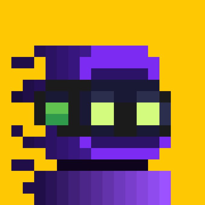 A pixel art character with a purple hat/hood and glowing green eyes against a yellow background, resembling a Minecraft-style CryptoPunk.