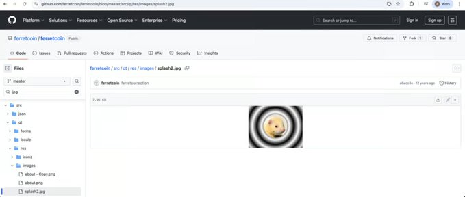 The screenshot displays a GitHub repository page for "ferretcoin/ferretcoin" showing the file "splash2.jpg" (7.36 KB), which features the project's logo—a stylized ferret face on a circular background. This visual relates to the post's claim that Ferretcoin ($FEC) predated Dogecoin in the animal-coin crypto history, serving as the original mascot image of this forgotten predecessor.