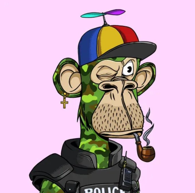 A cartoon NFT-style illustration of a Bored Ape character wearing a propeller hat, police tactical vest, smoking a pipe, and winking, set against a pink background.