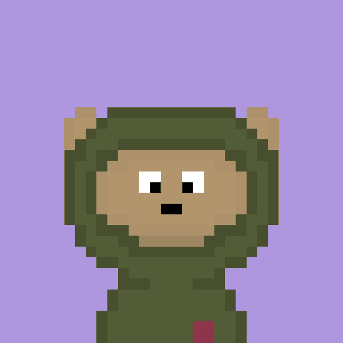 A pixel art character wearing a green hooded cloak with horn-like protrusions stands against a solid purple background.