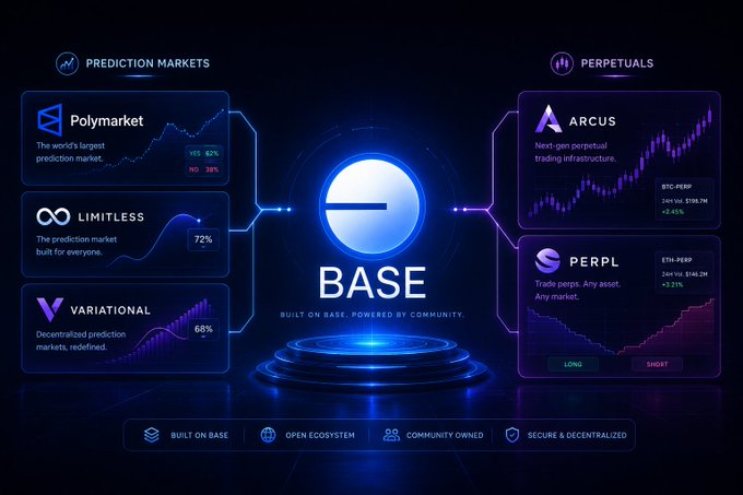 A promotional graphic for BASE blockchain, highlighting its open ecosystem with prediction markets (Polymarket, Limitless, Variational) and perpetuals (Arcus, Perpl) connected to the central BASE platform.