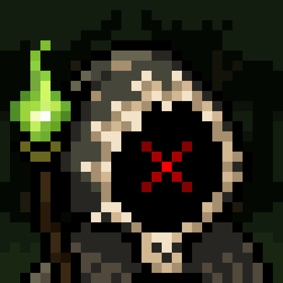 A pixel art image of a skeletal or monstrous character with a dark hood, glowing red eyes arranged in a pattern, and green flames, set against a dark background.
