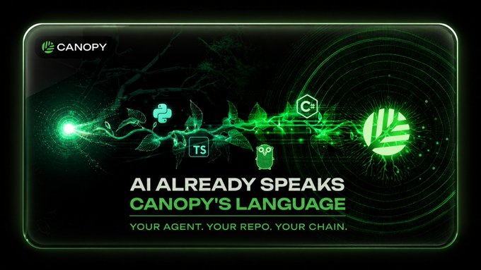 The image features a green square with various icons representing different aspects of a virtual world or blockchain technology. These icons include a tree, a house, a person, and a robot. The text "AI already speaks" is written above these icons, indicating that AI has been incorporated into the design. The post also mentions that the user can deploy their own L1 in days without any bridges, and they will own both the token and the value of the virtuals.
