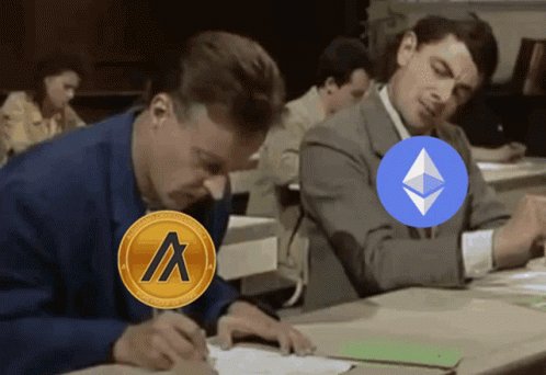 The image shows two men sitting at a desk, each with a coin or token attached to their clothing. One of them has an "A" on his shirt, while the other has a "Ethereum" logo on his suit jacket. The coins are placed in front of them as they work on paperwork. The post suggests that there is a connection between these two men and the coins, possibly related to cryptocurrency or digital assets.