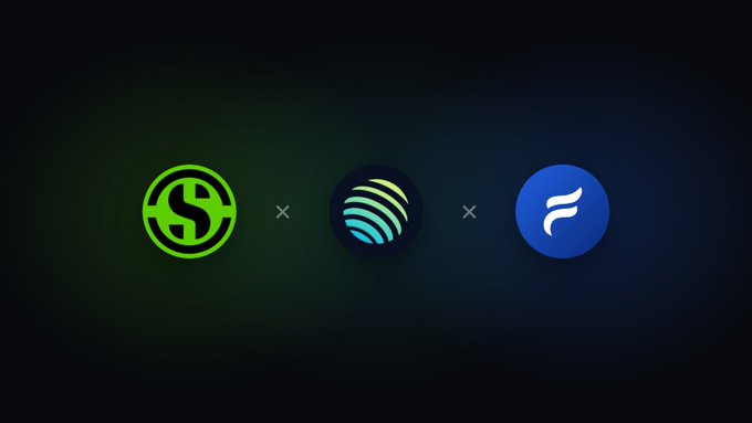 Three cryptocurrency logos displayed in a row connected by 'x' symbols on a dark background.